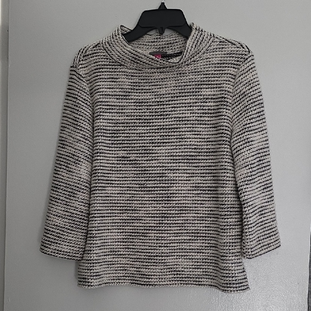 Vince Camuto Black, White, Silver Striped Cowl Neck Sweater Sz M Used LIKE NEW